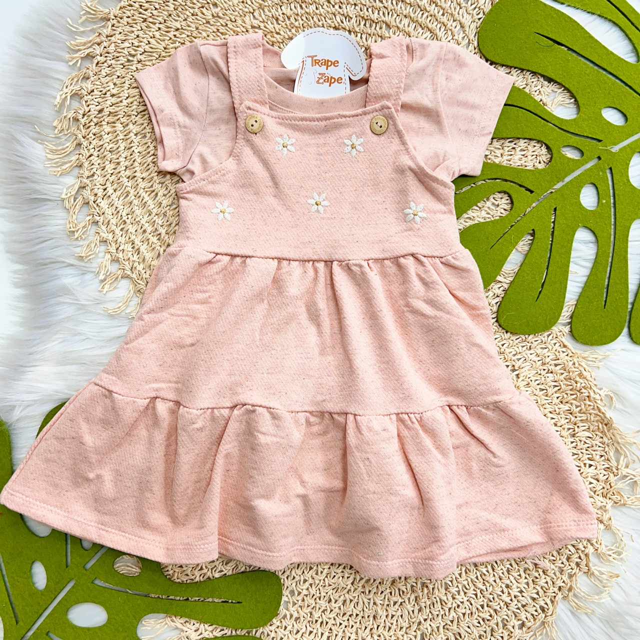  Conj. Blusa Manga Curta e Salopete em Linho com Margaridas- Rose